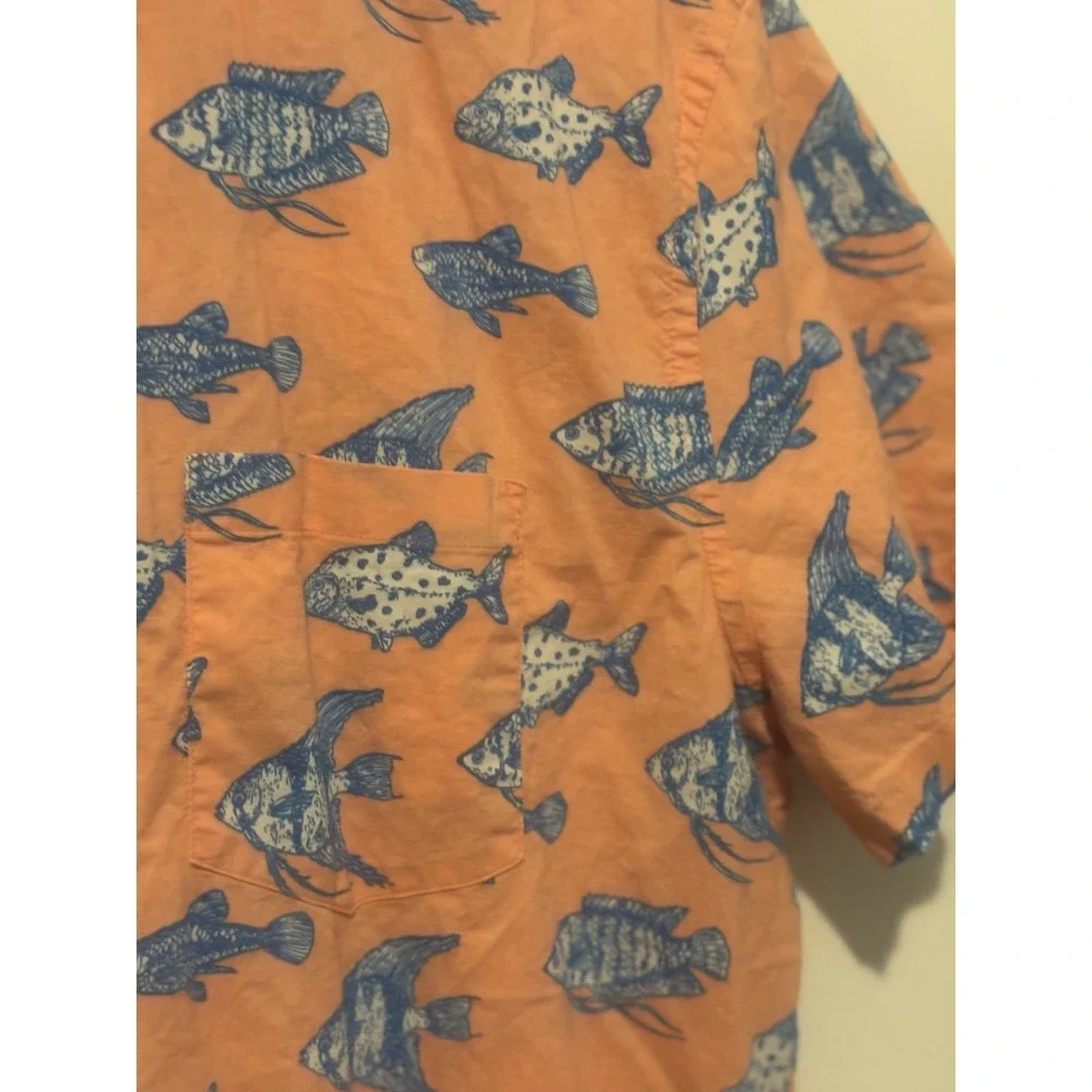 J.Crew Fish Short Sleeve Button‎ Shirt Mens Cotton Coral Orange Tropical Size Lg